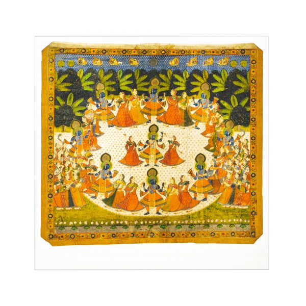 Postcard Temple painting. Dance of Krishna and gopis